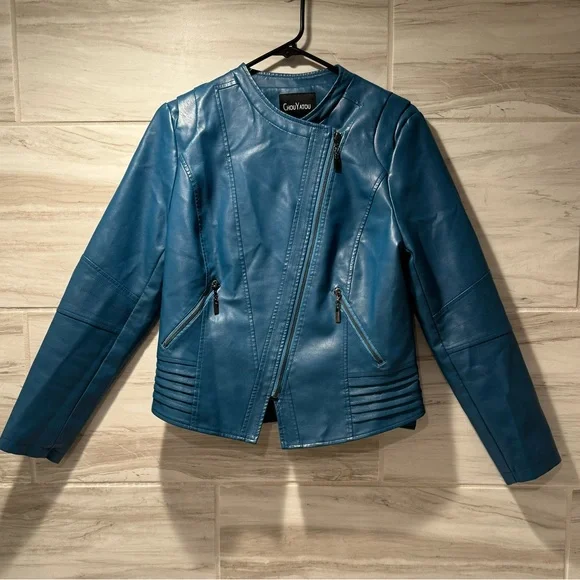 Chouyatou Women Casual Collarless
Cropped Pu Leather Biker Jacket Size Medium - Picture 1 of 13